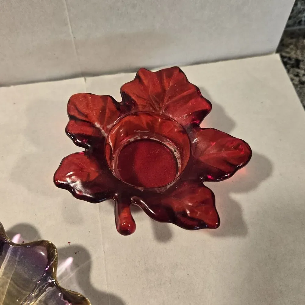 Vintage Federal Glass Celestial Candle Holder Set - Iridescent Sunburst & Autumn